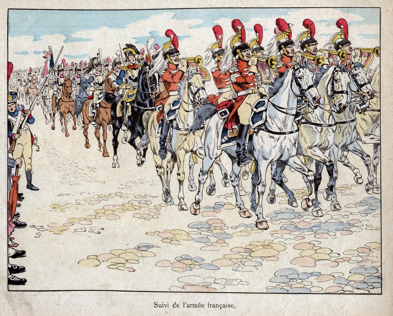 बर्लिन में प्रवेश करने वाली फ्रांसीसी सेना, २७ अक्टूबर १८०६ - "ले ग्रैंड नेपोलियन डेस पेटिट्स एनफैंट्स"" १८९३ से अय्यूब (जैक्स ओनफ्रॉय डी ब्रेविल) द्वारा लिथोग्राफ द्वारा Onfray de Breville जाक जॉब के लिए छद्म नाम