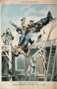 फॉर्च्यून-लुई मेउल (1844-1901) 8 अप्रैल 1900 (कलर लिथो) द्वारा उकेरी गई 'ले पेटिट पेरिसियन' से छत से गिरने वाले तीन आदमी द्वारा (बाद) कैरी Car
