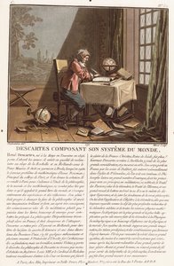डेकार्ट्स ने अपनी विश्व प्रणाली की रचना की, c.1786-1792 (रंग जलीय) द्वारा (के बाद) Desfontaines