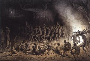 नीग्रो धार्मिक नृत्य, पियरे ट्रेमॉक्स (1818-95) द्वारा जी. डोरे द्वारा उकेरी गई 'वॉयेज औ सौडन ओरिएंटेल एट डान्स एल'एफ्रिक सेप्टेंट्रियोनेल' से द्वारा (बाद में) फ्रेंच स्कूल