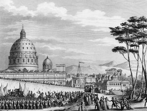 फ्रांसीसी क्रांति: फरवरी 1798 में इटली में रोम में फ्रांसीसियों का विजयी प्रवेश, जनरल लुई अलेक्जेंड्रे (लुई-अलेक्जेंड्रे) बर्थियर के नेतृत्व में, जिन्होंने पोंटिफिकल राज्यों पर आक्रमण किया और 11 फरवरी को रोम शहर पर कब्जा कर लिया। द्वारा (बाद) गिरधारी