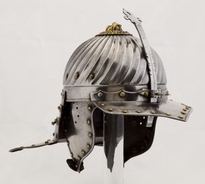Zischägge, c.1620-25 (स्टील, लोहा, पीतल और चमड़ा) द्वारा (attr.to) जर्मन स्कूल