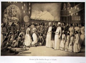 लुई हेनरी डी रुडर (1807-81) पब द्वारा उकेरी गई 'वॉयज इन इंडिया' से कलकत्ता में देवी दुर्गा का उत्सव। लंदन में द्वारा ए। (बाद) सोल्टीकोफ