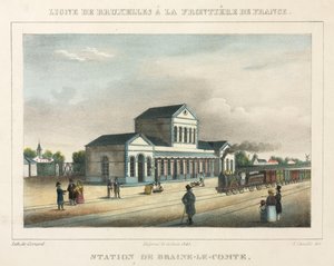1843 में गेरार्ड द्वारा उकेरा गया Braine-le-Comte Station द्वारा ए कैनेल के बाद