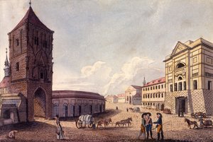 पाउडर टॉवर और Hybern सीमा शुल्क हाउस, प्राग, c.1810 (रंगीन नक़्क़ाशी)