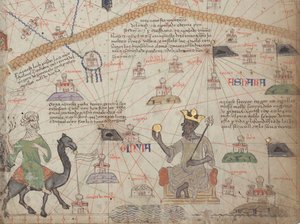 कैटलन एटलस, शीट 6 से विस्तार, पश्चिमी सहारा और मनसा मूसा, 1375 दिखाते हुए द्वारा अब्राहम क्रेस्क