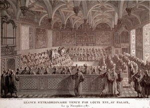 फ्रांसीसी क्रांति का पहला: 19 नवंबर को वर्साय के महल में लुई सोलहवें (1754-1793) द्वारा आयोजित असाधारण सत्र द्वारा अब्राहम गिरधारी