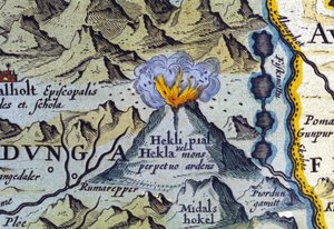 आइसलैंड में हेक्ला ज्वालामुखी। एटलस ऑफ अब्राहम ऑर्टेलियस, एम्स्टर्डम 1588। द्वारा अब्राहम ऑर्टेलियस