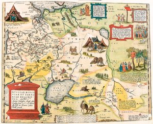 रूस, मास्को और टार्टरी। एंटोनियो जेनकेन्सोनो एंग्लो द्वारा, 1562 में लंदन में प्रकाशित "थियेट्रम ऑर्बिस टेरारम" से रूस के क्षेत्र का भूगोल मानचित्र द्वारा अब्राहम ऑर्टेलियस (ओर्टेल, ऑर्टेल या ऑर्टेल) द्वारा अब्राहम ऑर्टेलियस