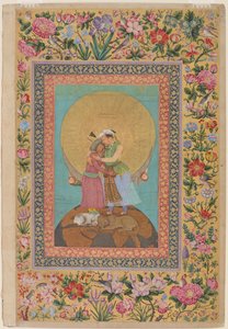 सम्राट जहांगीर और फारस के शाह अब्बास का अलौकिक प्रतिनिधित्व, सेंट पीटर्सबर्ग एल्बम से चित्रण, c.1618 (डब्ल्यूसी, स्याही, चांदी और कागज पर सोना)