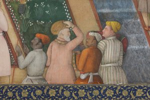 गार्डन में पवित्र पुरुषों के साथ सम्राट जहांगीर से विस्तार, c.1615 (कागज पर अपारदर्शी wc und सोना)
