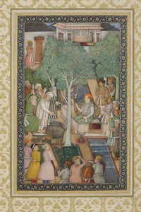 गार्डन में पवित्र पुरुषों के साथ सम्राट जहांगीर, c.1615 (कागज पर अपारदर्शी wc und सोना