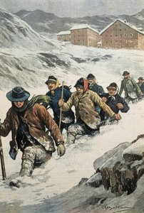 बेलट्राम, अकिलीज़ (1871-1945)। आओस्टा और स्विटजरलैंड के बीच सेंट बर्नार्ड दर्रे को पार करते हुए इतालवी कर्मचारी। "" ला डोमेनिका डेल कोरिएरे "" का कवर। 02/14/1904। लिटोग्राफी। द्वारा अचिल बेल्ट्रैम