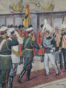 बेलट्राम, अकिलीज़ (1871-1945)। विक्टर इमैनुएल III (1869-1947)। इटली के राजा (1900-1946)।; निकोलस द्वितीय। रूस के ज़ार (1894-1917)। रूस। ज़ार पीटरहॉफ़ में इटली के राजा विक्टोरियो इमानुएल III को प्राप्त करता है। ए. Beltrame चित्रण। ला डोमिनिका डेल क्यू द्वारा अचिल बेल्ट्रैम
