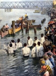 चर्च ऑफ गॉड संप्रदाय के अश्वेत सदस्यों का आयोवा (यूएसए) में देवदार नदी में बपतिस्मा समारोह। बीमार. ए. Beltrame. ला डोमिनिका डेल कोरिएरे द्वारा अचिल बेल्ट्रैम