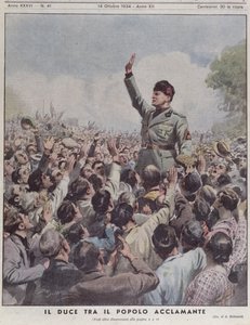 बेनिटो मुसोलिनी (1883-1945) लोगों द्वारा प्रशंसित, &39;ला डोमेनिका डेल कोरिरे&39; से, 14 अक्टूबर 1934
