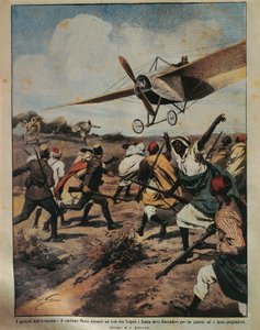 22 सितंबर 1912 को ला डोमेनिका डेल कोरिएरे से अकिले बेल्ट्राम (1871-1945) द्वारा कैप्टन मोइज़ो के अफ्रीकी अभियान के दौरान क्रैश लैंडिंग का प्रयास करने का कवर चित्रण द्वारा अचिल बेल्ट्रैम