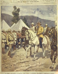 1850-1902 के एंग्लो-ज़ुलु और एंग्लो-बोअर युद्धों के दौरान मार्शल रॉबर्ट्स के आत्मसमर्पण करने वाले जनरल क्रोन्ये का कवर चित्रण द्वारा अचिल बेल्ट्रैम