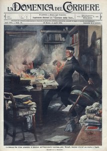 नेपल्स में अपनी प्रयोगशाला में ग्यूसेप मर्कल्ली (1850 -1914), इतालवी भूकंपविज्ञानी और ज्वालामुखी विज्ञानी द्वारा मृत्यु हो गई। "" ला डोमेनिका डेल कोरिएरे "" के लिए एचीले बेल्ट्राम द्वारा चित्रण। १९१४. द्वारा अचिल बेल्ट्रैम
