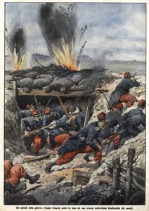 1914 के युद्ध की कड़ी: खाइयों में फ्रांसीसी सैनिकों पर दुश्मनों द्वारा बमबारी की जाती है। "ला डोमेनिका डेल कोरिएरे" द्वारा अचिल बेल्ट्रैम