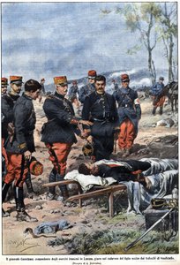 1914 के युद्ध की कड़ी: लोरेन में फ्रांसीसी सेना के कमांडर जनरल नोएल एडौर्ड डी क्यूरीरेस डी कास्टेलनाउ (1851-1944) ने अपने मृत बेटे के शरीर से बदला लेने की शपथ ली। "" ला डोमेनिका डेल कोरिएरे "" में अकिल बेल्ट्राम द्वारा चित्रण द्वारा अचिल बेल्ट्रैम