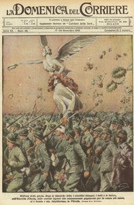 प्रथम विश्व युद्ध 1918 - युद्ध में इटली। विजय दिवस। महिमा के घंटे में। एक टाइटैनिक संघर्ष के बाद, अपार बलिदानों, मौतों, तूफानों, इटली की सेना, सबसे पवित्र के लिए लड़ने वाले वीर रोमन सैनिकों ने विक्ट को उठा लिया है द्वारा अचिल बेल्ट्रैम