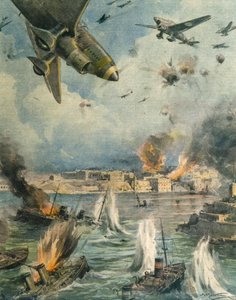 25 जनवरी 1942 को ला डोमेनिका डेल कोरिएरे से अकिले बेल्ट्राम, चित्रण, इलस्ट्रेटर एचीले बेल्ट्राम (1871-1945) द्वारा माल्टा पर ग्रेट एक्सिस हवाई आक्रमण द्वारा अचिल बेल्ट्रैम