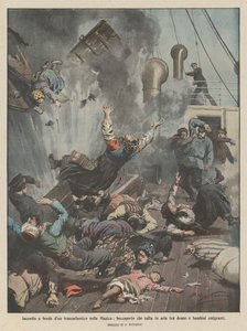 अंग्रेजी चैनल में एक ट्रान्साटलांटिक बोर्ड पर आग, एक हैच जो हवा में महिलाओं और बच्चों के बीच कूदता है