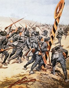 ऑस्ट्रियाई सीमा पार करने वाले इतालवी सैनिक, अकिल बेल्ट्राम (1871-1945) द्वारा, ला डोमेनिका डेल कोरिएरे से चित्रण, जून 1915 द्वारा अचिल बेल्ट्रैम