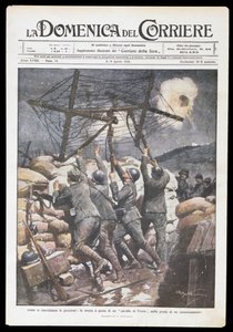 डोमिनिका डेल कोरिएरे, 2-9 अप्रैल 1916, प्रथम विश्व युद्ध, इटली, 20 वीं शताब्दी के लिए अकिल बेल्ट्राम (1871-1945) द्वारा ट्रेंच, प्लेट पर फ़्रीज़ियन घोड़े को रखने वाले इतालवी सैनिक द्वारा अचिल बेल्ट्रैम