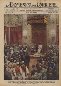 Quirinale में सिंहासन कक्ष में, Vittorio Emanuele आधिकारिक तौर पर अपने लिए और अपने लिए स्वीकार करता है