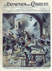 बुल्गारिया और ग्रीस और तुर्की के बीच दूसरा बाल्कन युद्ध (1913): बुल्गारियाई सैनिकों ने आग लगा दी और ग्रीस में निग्रिता को नष्ट कर दिया। ला डोमिनिका डेल कोरिएरे। 07/1913। Beltrame का चित्रण। द्वारा अचिल बेल्ट्रैम