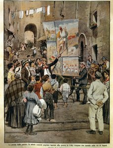 8 दिसंबर 1910 से डोमिनिका डेल कोरिएरे (इतालवी संडे अखबार), लीबिया में युद्ध से प्रेरित लोक गीत गाथागीत-गायकों द्वारा नेपल्स में गाए जा रहे हैं, अकिल बेल्ट्राम द्वारा, चित्रण द्वारा अचिल बेल्ट्रैम