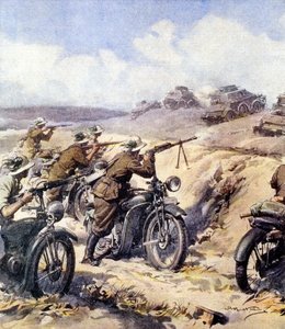 WWII-1940 1941- उत्तरी अफ्रीका में अभियान- ला डोमेनिका डेल कोरिएरे डेल 28 जुलाई 1940 से 'साइरेनिका में बर्सग्लिएरी और ब्रिटिश बख्तरबंद तत्वों के बीच संघर्ष', ए द्वारा चित्रण द्वारा अचिल बेल्ट्रैम