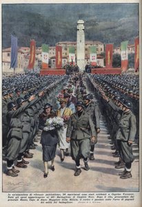 10/10/1937 के "ला डोमेनिका डेल कोरिएरे" "" के एच्लीस बेल्ट्राम द्वारा वेरोनीज़ कैप्रिनो एन वेनेटी इलस्ट्रेशन में काली शर्ट के सदस्यों का विवाह समारोह। द्वारा अचिल बेल्ट्रैम