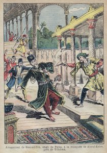 1896 में नासिर एड दीन (1831-1896), फारस (ईरान) के शाह की हत्या (जिसे नसीरदीन शाह, नसीर-अल-दीन शाह काजर, नासिर अल-दीन शाह काजर, नसीरुद्दीन शाह भी कहा जाता है) - अकिले लेमोट का चित्रण " 1896 का ले-पेलरिन" - की हत्या