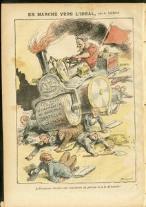 ले पेलेरिन में अकिल लेमोट (1846-1909) द्वारा चित्रण, 27/05/06 - आदर्श की ओर मार्च पर - सामाजिक, ऑटोमोबाइल, मृत लाशें, क्रांति, लाल झंडा, अर्थव्यवस्था, समाजवाद, वायवीय, पंचर