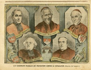 ले पेलेरिन में अकिल लेमोट (1846-1909) का चित्रण, 09/04/05 - फ्रांसीसी कार्डिनल्स जो अलगाव के खिलाफ विरोध करते हैं - धर्म विश्वास, कैथोलिक कैथोलिक धर्म - चर्च और राज्य का पृथक्करण - रिचर्ड एमजीआर (1819-1908), पेराउड कार्डिनल (1828) -1906), लेकोट कार्डि द्वारा अकिल लिमोट