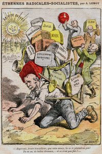 रेडिकल-सोशलिस्ट (समाजवादी कट्टरपंथी): ले पेलेरिन (1909) में अकिल लेमोट (1846-1909) का कार्टून - सरकार और जॉर्जेस क्लेमेंस्यू के कुप्रबंधन के परिणामस्वरूप करों, करों और असुविधाओं के बोझ तले एक कार्यकर्ता दुर्घटनाग्रस्त हो जाता है - हड़ताल, डी