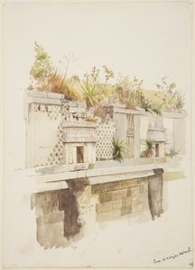 कासा डी मोंजास, उक्समल, मेक्सिको खंडहरों की ऊपरी मंजिल की पेंटिंग (जल रंग) द्वारा एडेला ब्रेटन