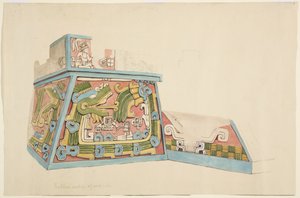 Xochicalco, मेक्सिको से एक पत्थर राहत की पेंटिंग निचली छत के पश्चिम की ओर उत्तरी छोर वॉटरकलर (वाटरकलर) द्वारा एडेला ब्रेटन