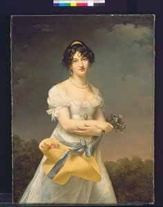 Amélie-Justine Laidin de la Bouterie, nee Pontois का चित्र, फूलों से भरी टोपी पकड़े द्वारा एडेल रोमानी