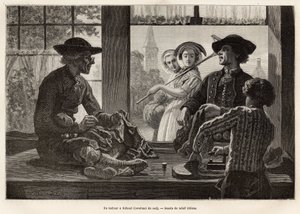 एक दर्जी और उसका प्रशिक्षु, रिलैंड (दक्षिण बेवलैंड) में, सड़क के राहगीरों के प्रकाश और तमाशे का आनंद लेने के लिए खिड़की के किनारे पर काम करते हुए, एडॉल्फ डिलेंस द्वारा ड्राइंग के बाद उत्कीर्ण, ज़ेलैंड की यात्रा का चित्रण ( नीरलैंड), आई