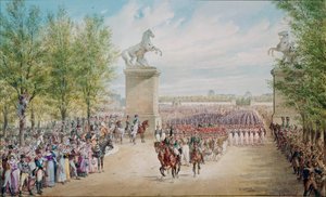 ज़ार अलेक्जेंडर I (1777-1825) 1814 में पेरिस में अपनी सेना के साथ चैंप्स एलिसीज़ पर चढ़ गया। एडॉल्फ शारलेमेन द्वारा पेंटिंग (1827-1901) द्वारा एडॉल्फ जोसिफॉविट्श शारलेमेन
