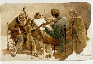 चार संगीतकार तीन वायलिन वादक और एक वायलिन वादक। एडॉल्फो होहेनस्टीन (1854-1928) डिम द्वारा पोस्टर। 293x454 सेमी निजी संग्रह द्वारा एडॉल्फ होहेनस्टीन