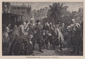 फ्रेडरिक द ग्रेट, प्रशिया के राजा, एक यात्रा पर (उत्कीर्णन) द्वारा मेंजेल से (बाद) एडोल्फ फ्रेडरिक एर्डमैन