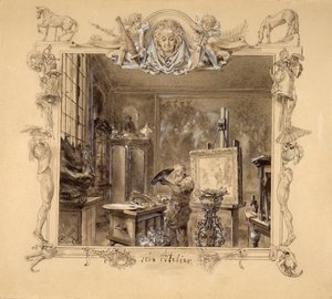 उनका स्टूडियो, 1890 (कागज पर कलम और स्याही) द्वारा एडॉल्फ मेंजेल