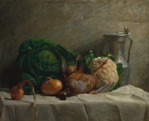 स्टिल लाइफ विथ वेजिटेबल्स, पार्ट्रिज, एंड ए जुग, 1858।