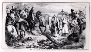सेंट लुप अपने घोड़े पर एटिला द हुन (c.406-453) के खिलाफ ट्रॉएस शहर का बचाव करते हुए, फ्रांस के एक इतिहास से चित्रण, दूसरी छमाही 19 वीं शताब्दी (बीडब्ल्यू फोटो) द्वारा एडोल्फ फ्रेंकोइस पनेमेकर