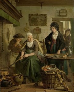 महिला बेकिंग पेनकेक्स। 1790-1810 के आसपास
